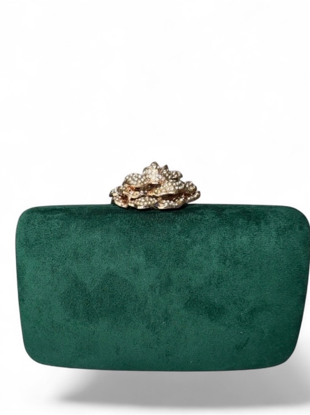 Gorgeous Hard Sided Suede-like Clutch w/Rhinestone Rose Closure - NWT